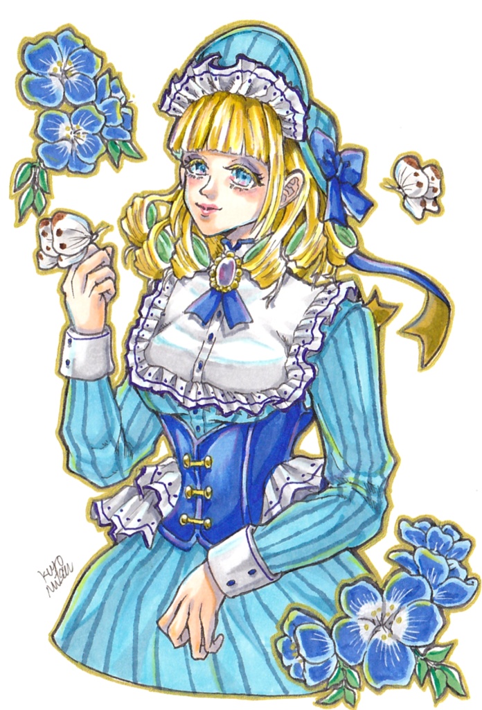 アナログ原画 ポストカード(額付き) ロリィタ乙女 (ネモフィラ)