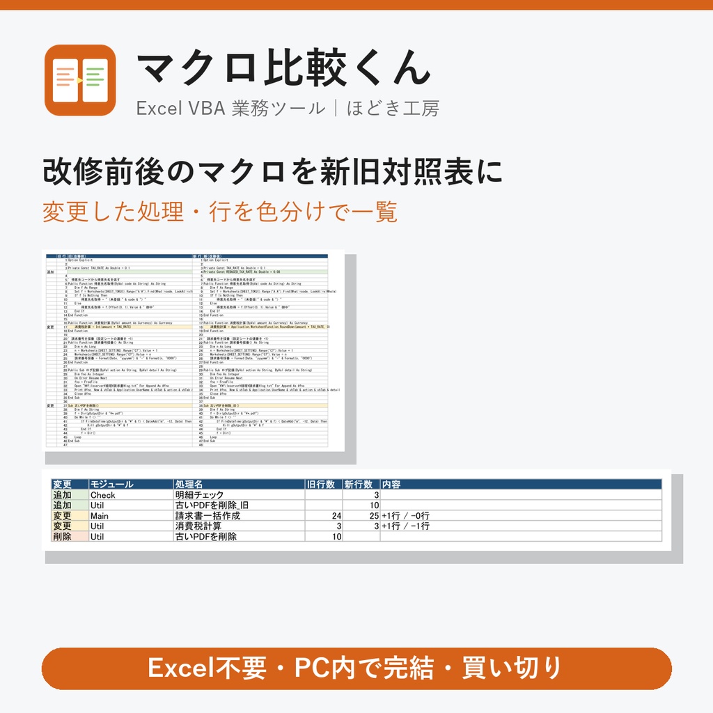 マクロ比較くん｜改修前後のExcelマクロを比べて新旧対照表を作成【Windows・買い切り】