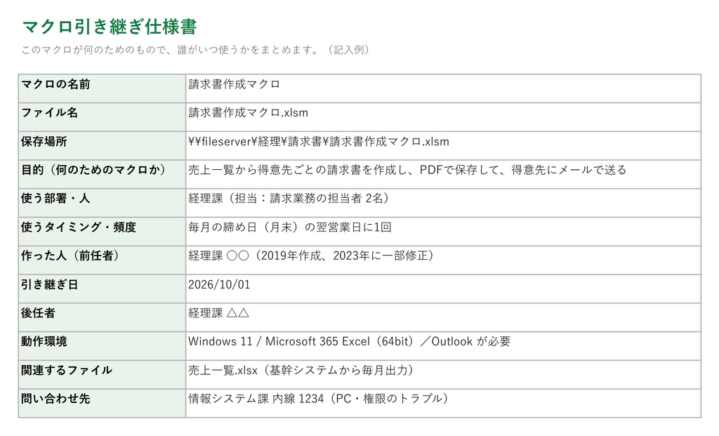 マクロ引き継ぎ仕様書テンプレ|前任者のExcelマクロ、何を書けばいいか迷わない【Excel・Word/記入例つき】