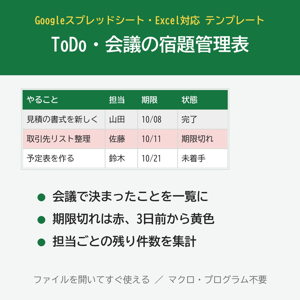 【Googleスプレッドシート・Excel対応】ToDo・会議の宿題管理表