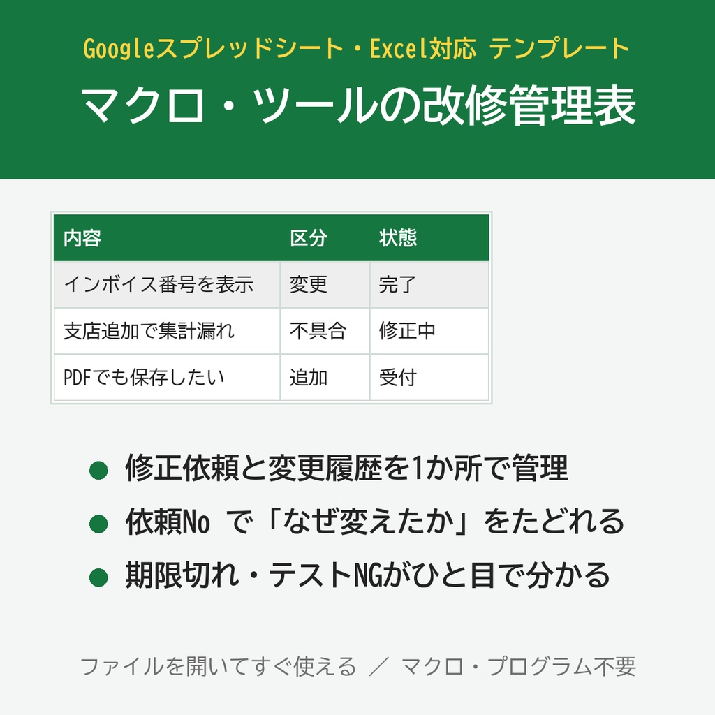 マクロ・ツールの改修管理表（修正依頼と変更履歴）