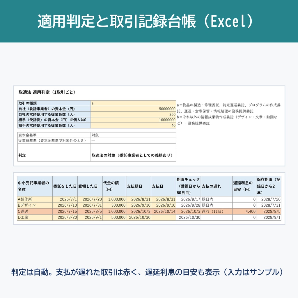 【2026年1月施行】取適法(旧下請法)対応 書式セット|適用判定・発注書(4条明示)・取引記録台帳(7条記録)・価格協議の記録