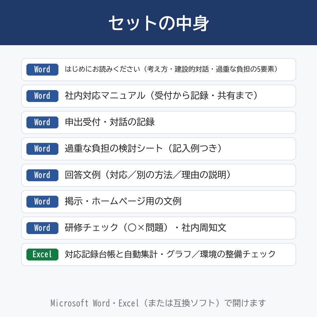 【2024年4月から事業者も義務】合理的配慮の提供 対応書式セット|社内マニュアル・申出と対話の記録・過重な負担の検討シート・回答文例・対応記録台帳Excel