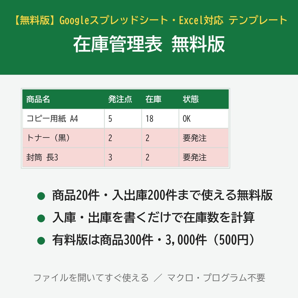 【無料版】【Googleスプレッドシート・Excel対応】在庫管理表