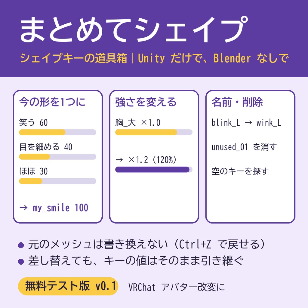 まとめてシェイプ|シェイプキーの道具箱(まとめる・強さ・名前と削除)Unity エディタ拡張 /無料