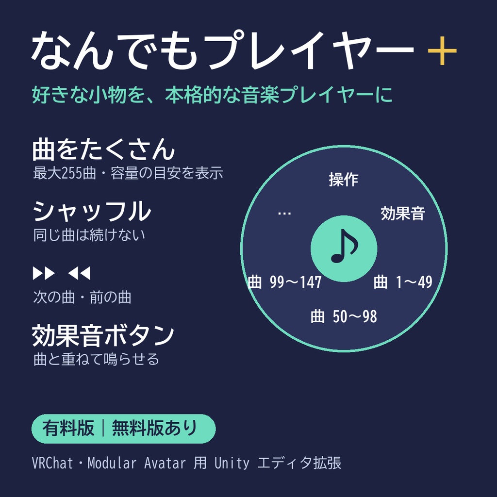 なんでもプレイヤー+(有料版)|シャッフル・次へ前へ・効果音ボタンつき 音楽プレイヤーを作る【VRChat・MA】