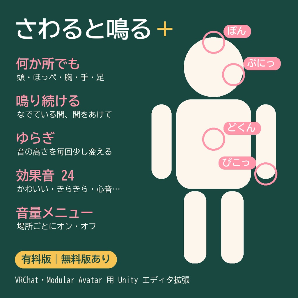 さわると鳴る+(有料版)|何か所でも・なでている間鳴り続ける・効果音24【VRChat・MA】