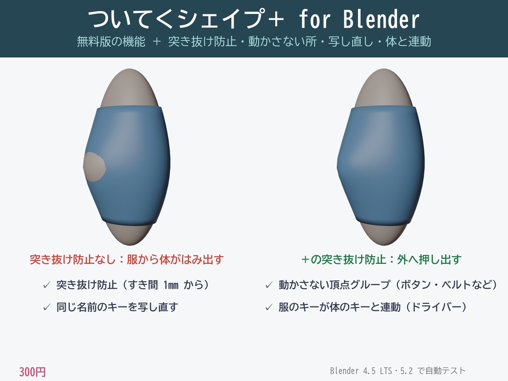 ついてくシェイプ＋ for Blender｜突き抜け防止・動かさない所・体と連動【Blender アドオン・有料版】