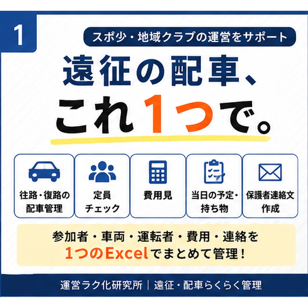 【Excel】スポ少・地域クラブ｜遠征・配車らくらく管理｜往路・復路の配車／定員チェック／費用見積