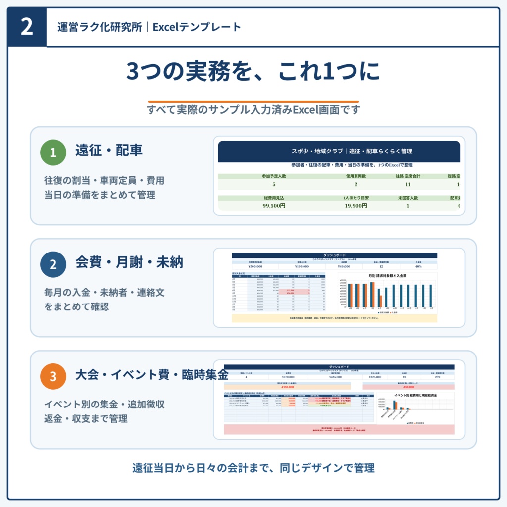【Excel3点セット】スポ少・地域クラブ運営|配車・会費・大会集金をまとめて管理
