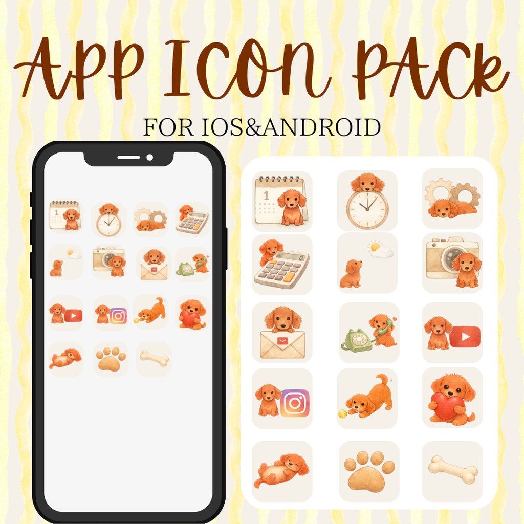 【透明背景Vr】ミニチュアダックスのゆる水彩スマホアイコン１５個セット