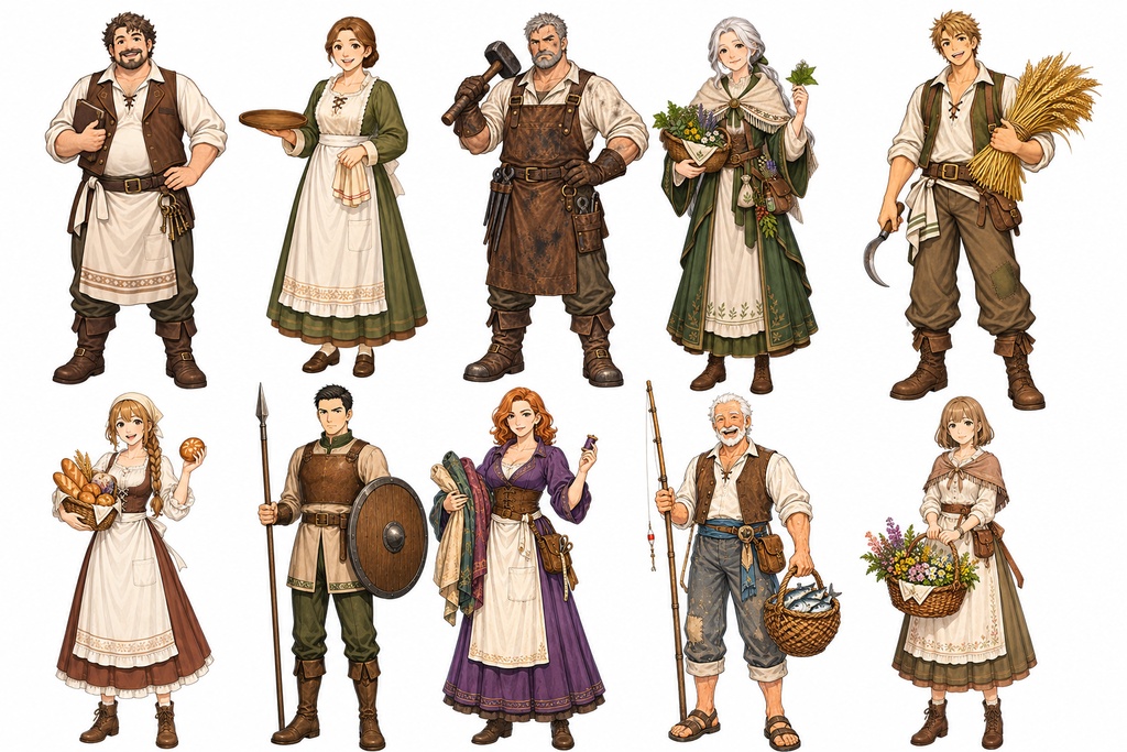 【ゲーム制作素材】ファンタジーRPG NPC立ち絵40種セット|村人・職業キャラクター【背景透過PNG】