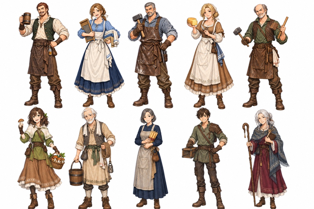 【ゲーム制作素材】ファンタジーRPG NPC立ち絵40種セット|村人・職業キャラクター【背景透過PNG】