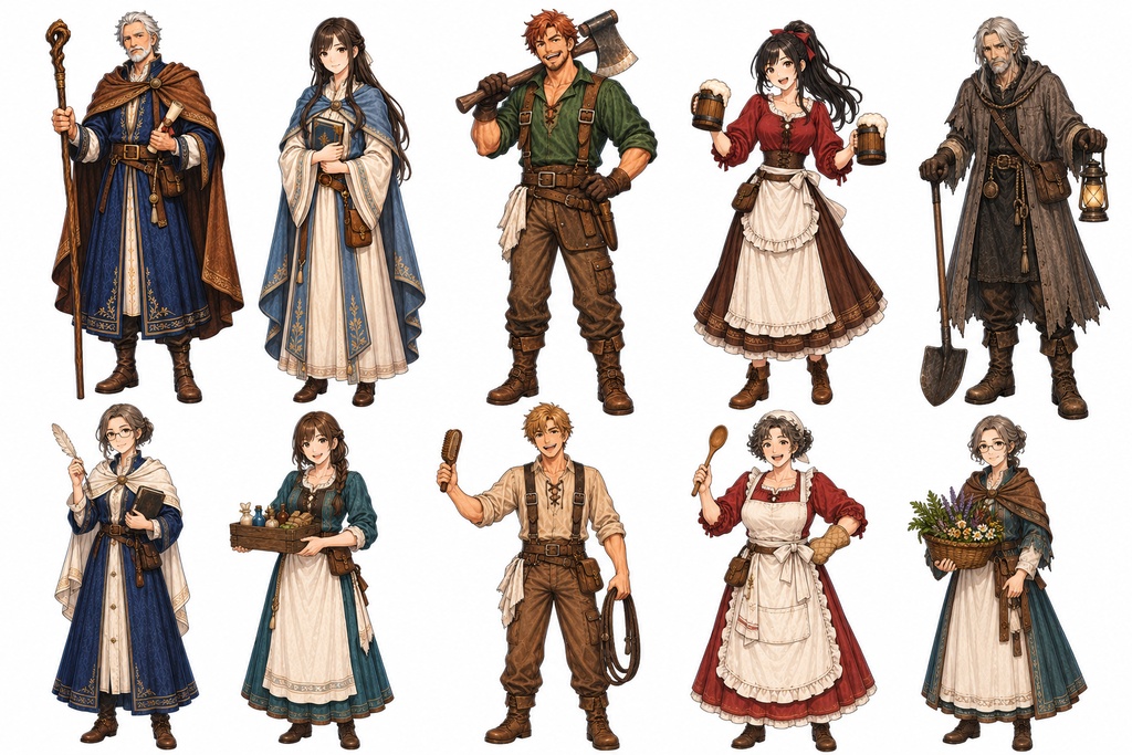 【ゲーム制作素材】ファンタジーRPG NPC立ち絵40種セット|村人・職業キャラクター【背景透過PNG】