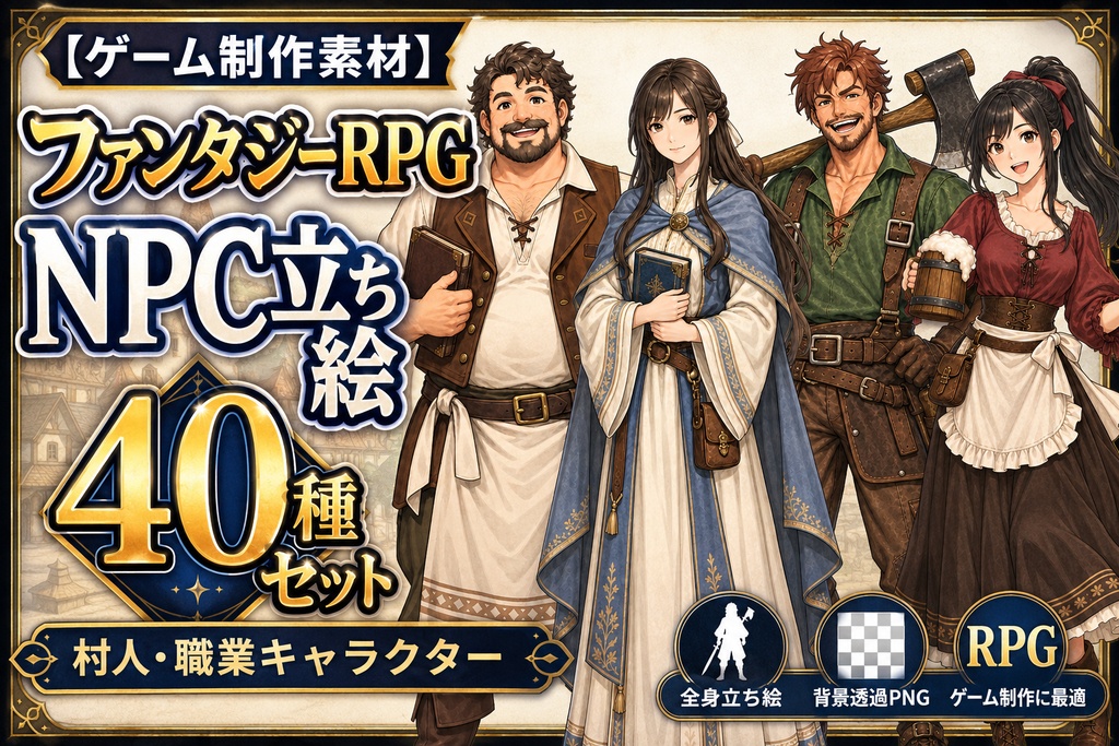 【ゲーム制作素材】ファンタジーRPG NPC立ち絵40種セット｜村人・職業キャラクター【背景透過PNG】