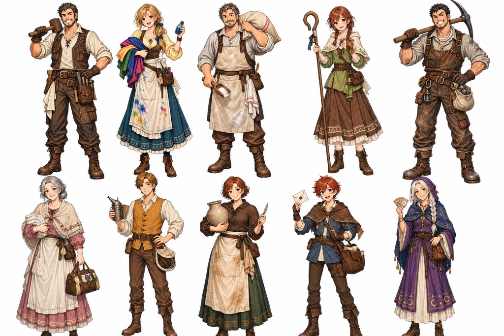 【ゲーム制作素材】ファンタジーRPG NPC立ち絵40種セット|村人・職業キャラクター【背景透過PNG】