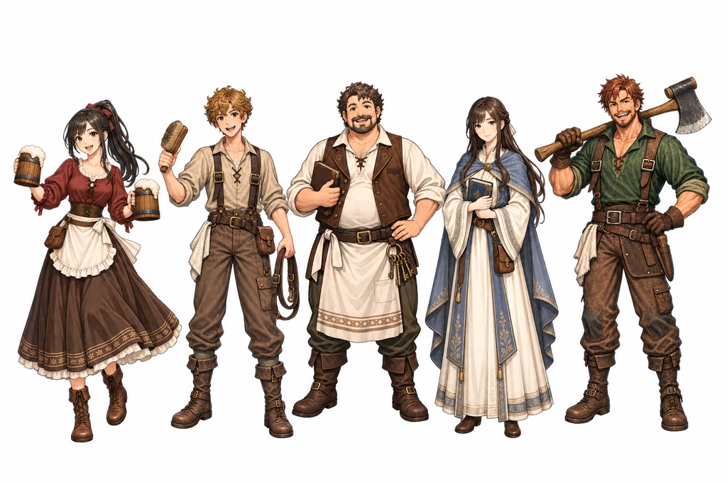 【無料】【ゲーム制作素材】ファンタジーRPG NPC立ち絵5種セット|村人・職業キャラクター【背景透過PNG