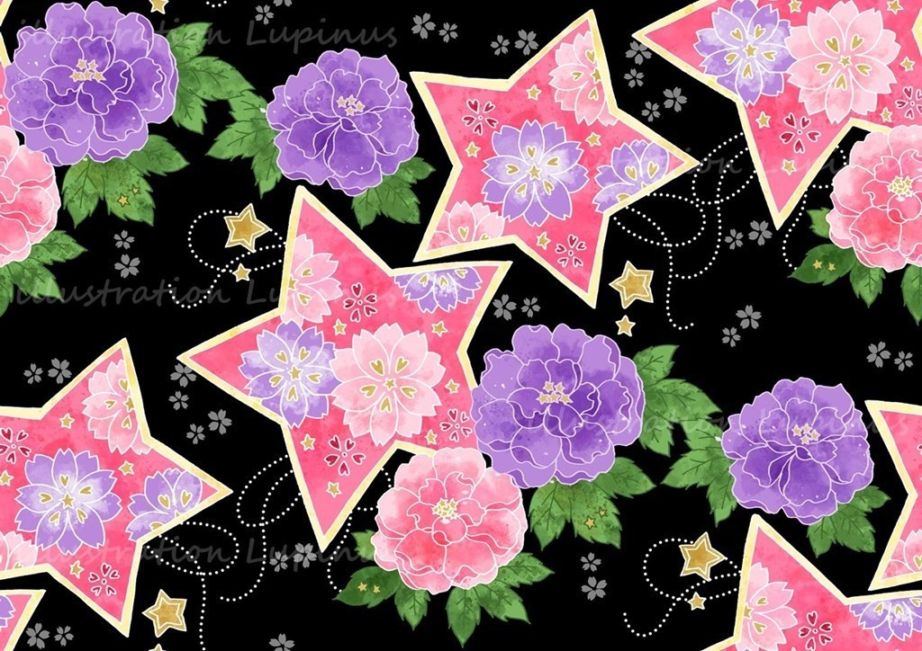 可愛い和柄シームレス素材 牡丹と桜に星とハート