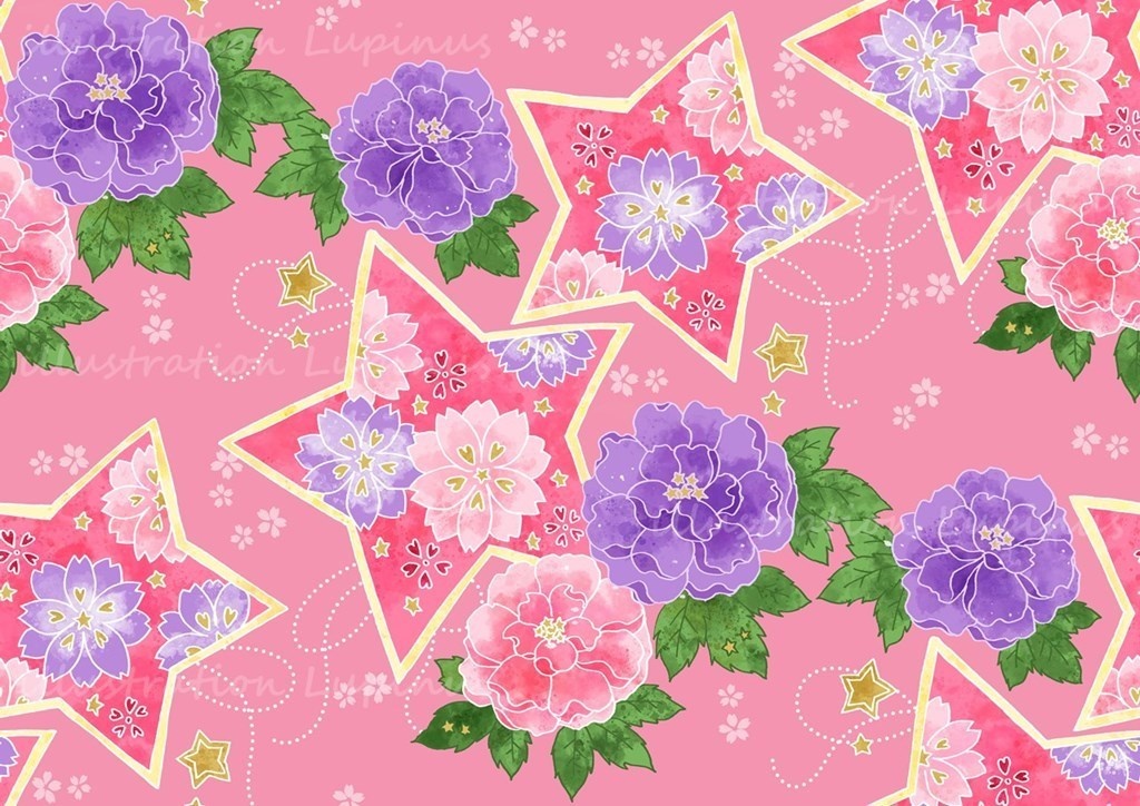 可愛い和柄シームレス素材 牡丹と桜に星とハート