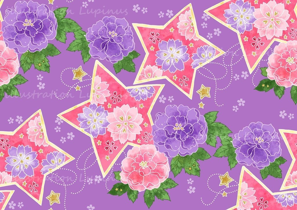 可愛い和柄シームレス素材 牡丹と桜に星とハート