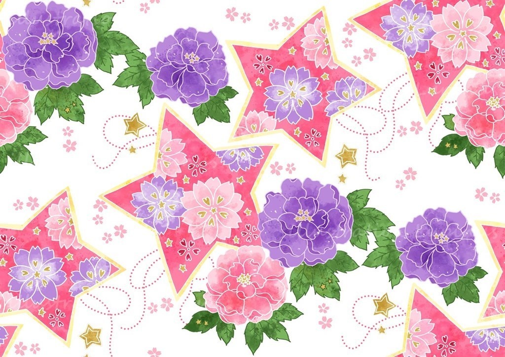 可愛い和柄シームレス素材 牡丹と桜に星とハート