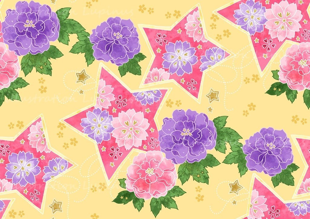 可愛い和柄シームレス素材 牡丹と桜に星とハート