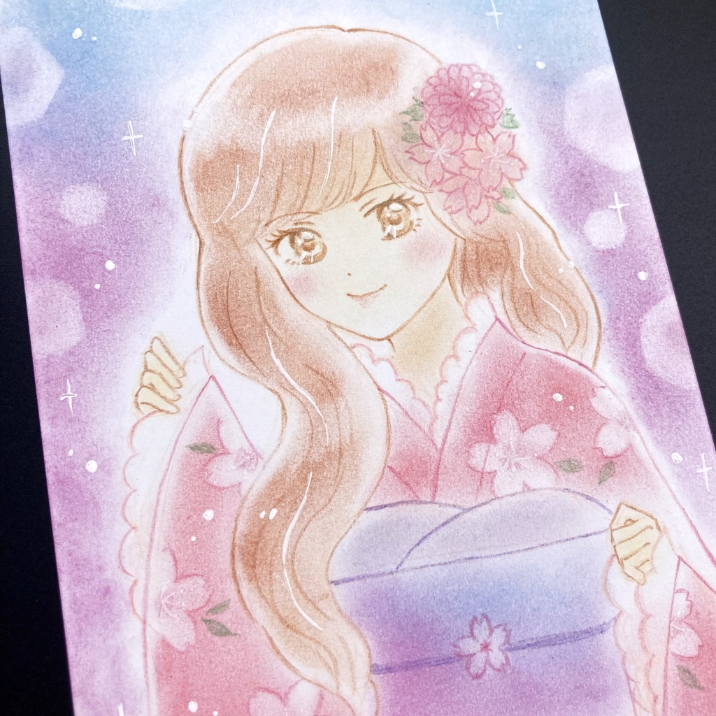 アナログ原画 桜の着物の少女 パステル画 色鉛筆画