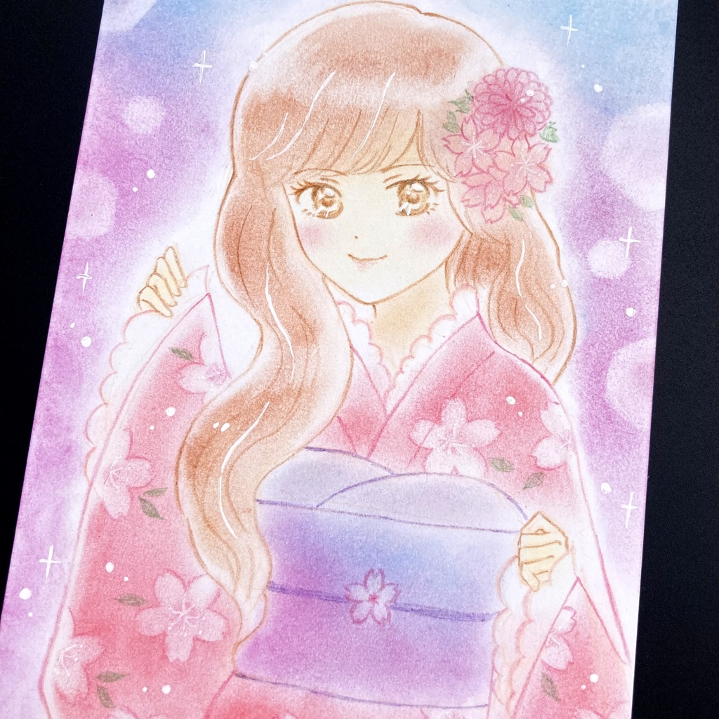 アナログ原画 桜の着物の少女 パステル画 色鉛筆画
