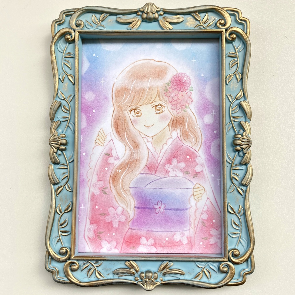 アナログ原画 桜の着物の少女 パステル画 色鉛筆画
