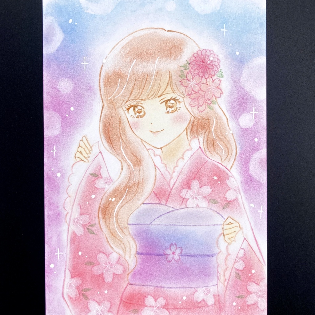 アナログ原画 桜の着物の少女 パステル画 色鉛筆画