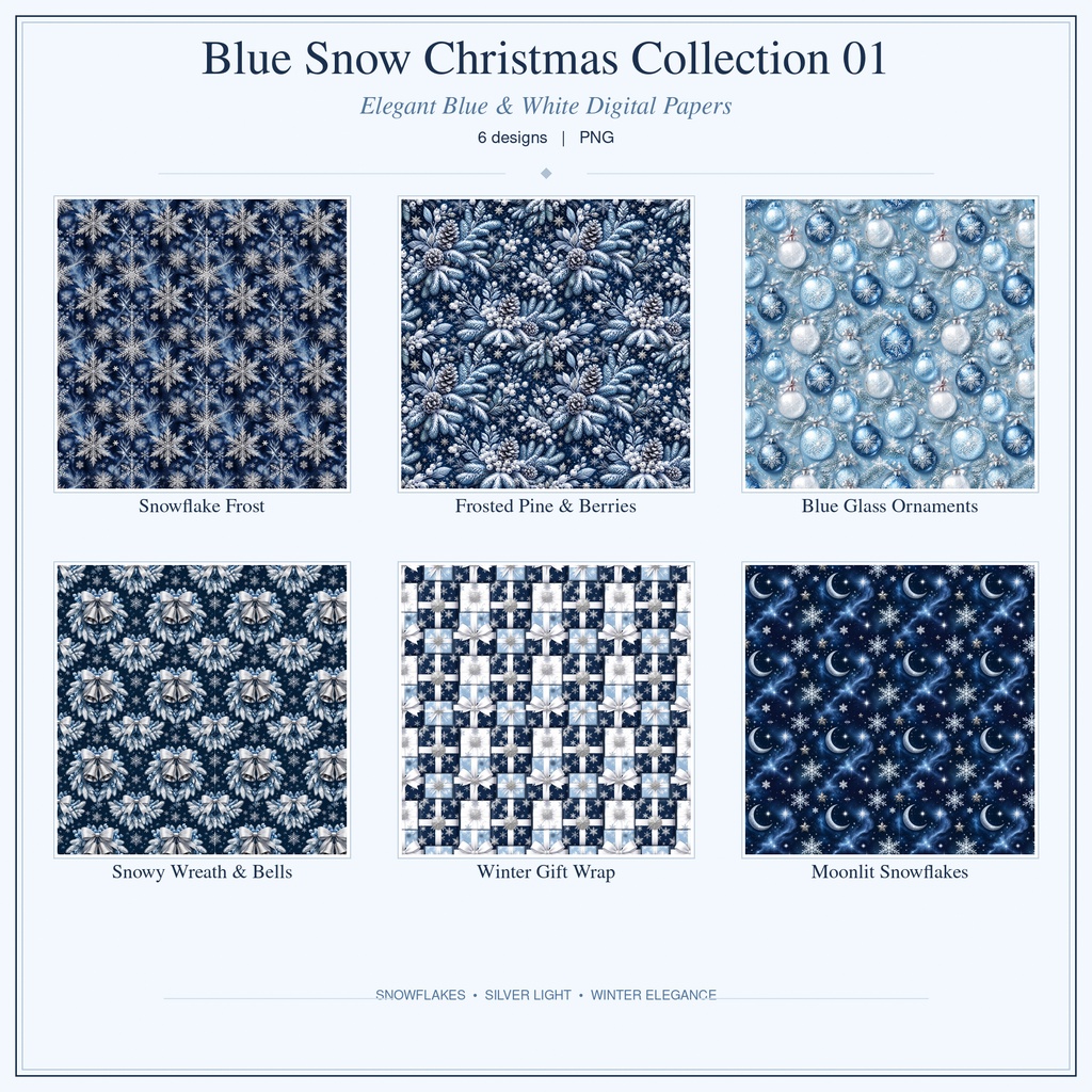 クリスマス青白雪柄デジタルペーパー6枚セット2000×2000px