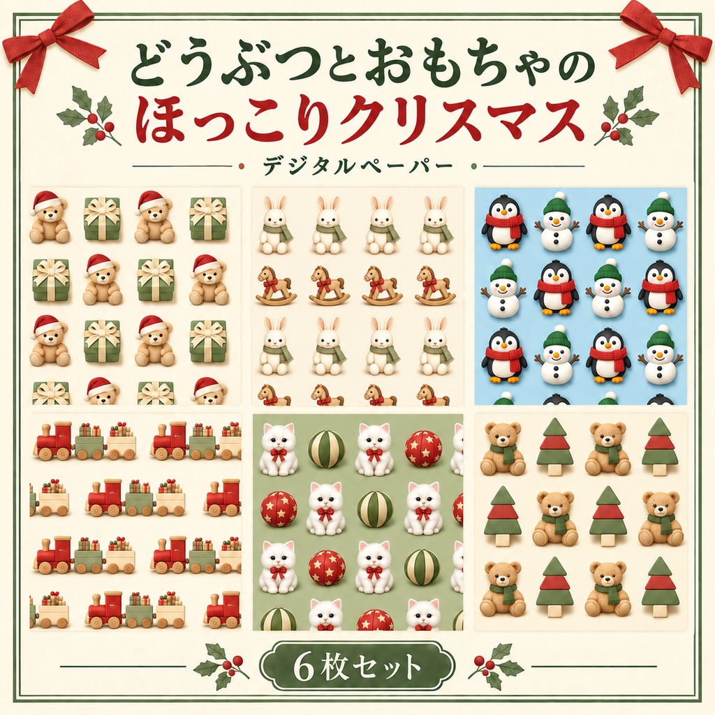 どうぶつとおもちゃのクリスマス柄デジタルペーパー6枚セット 2000px