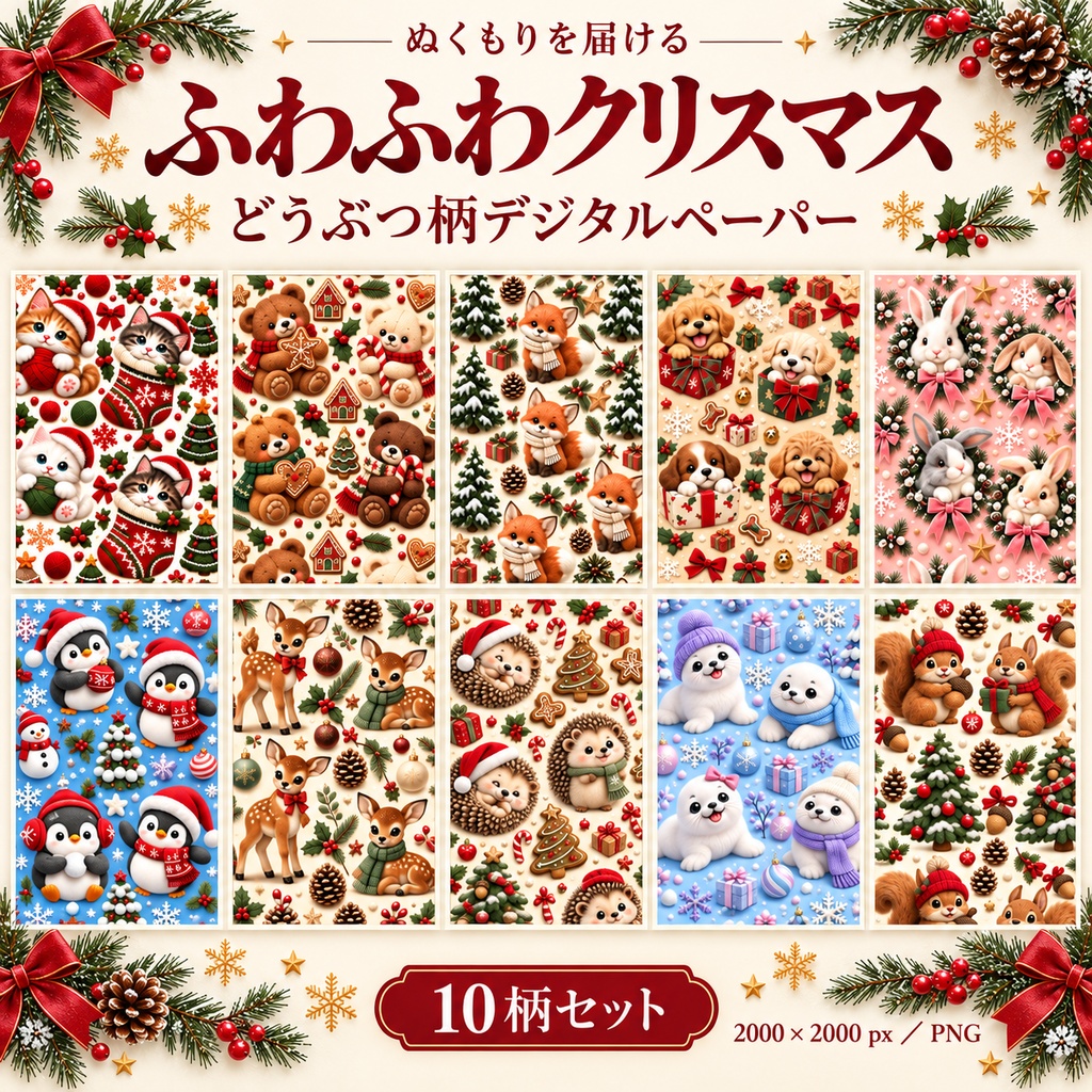 ふわふわクリスマスどうぶつ柄デジタルペーパー10柄セット 2000×2000px