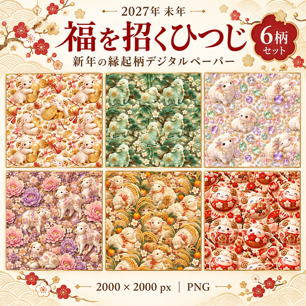 福を招くひつじ新年の縁起柄デジタルペーパー6柄セット 2000×2000px