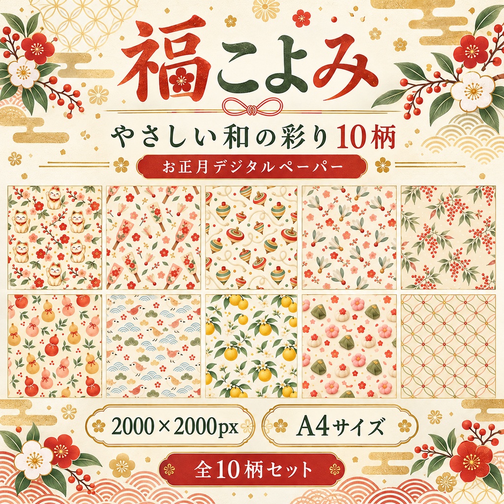 福こよみ ― やさしい和の彩りデジタルペーパー10柄 2000px /A4サイズ