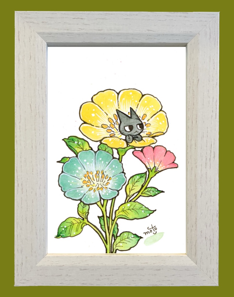 チビクロちゃん花の中 ・額付き原画