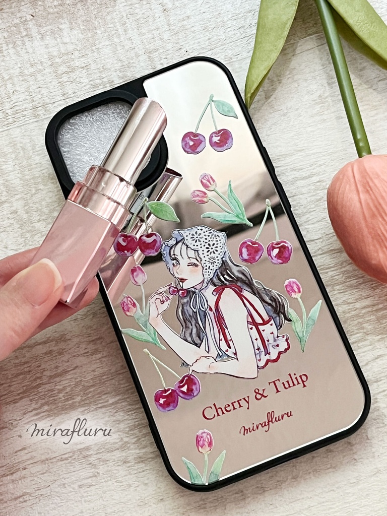 《受注生産》耐衝撃グリップミラーiPhoneケース『チェリーとチューリップ』