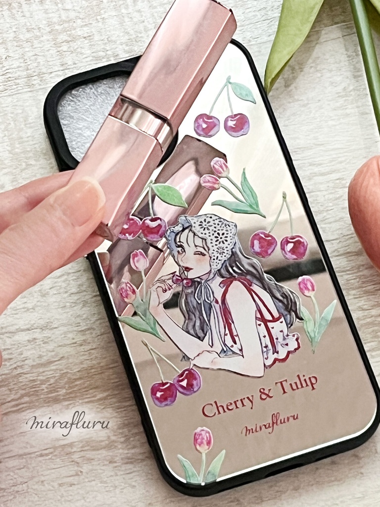 《受注生産》耐衝撃グリップミラーiPhoneケース『チェリーとチューリップ』