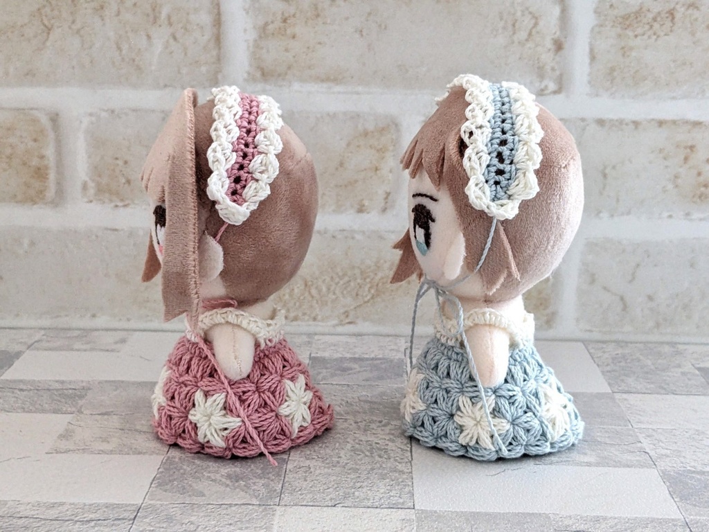 10-11cmぬいサイズ リフ編みワンピース+ヘッドドレス(大きい花模様)