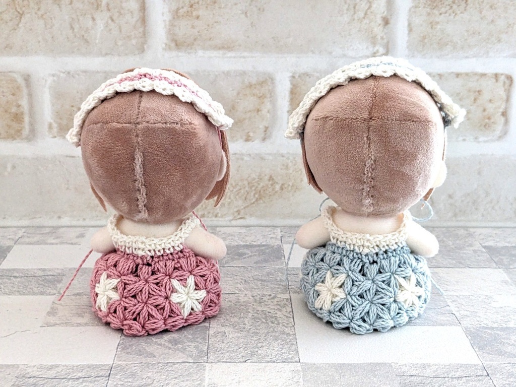 10-11cmぬいサイズ リフ編みワンピース+ヘッドドレス(大きい花模様)