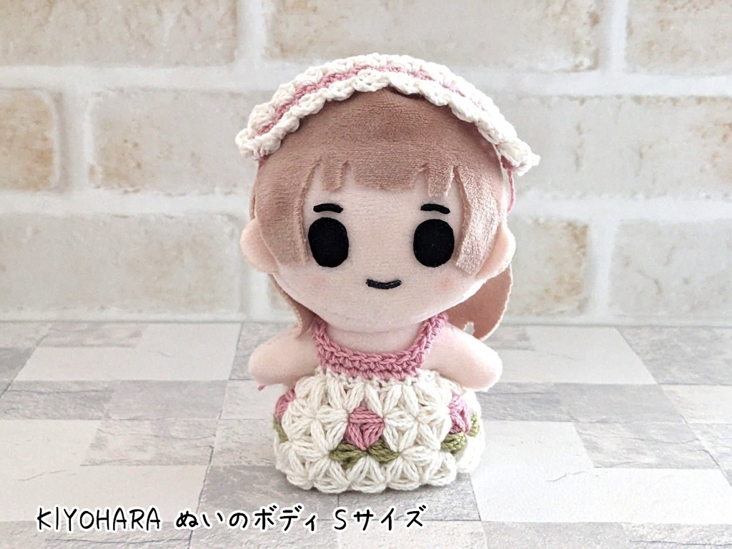 10-11cmぬいサイズ リフ編みワンピース+ヘッドドレス(小さい花模様)