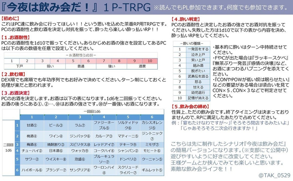 【無料】カラオケ大会・今夜は飲み会だ！【１PTRPG】