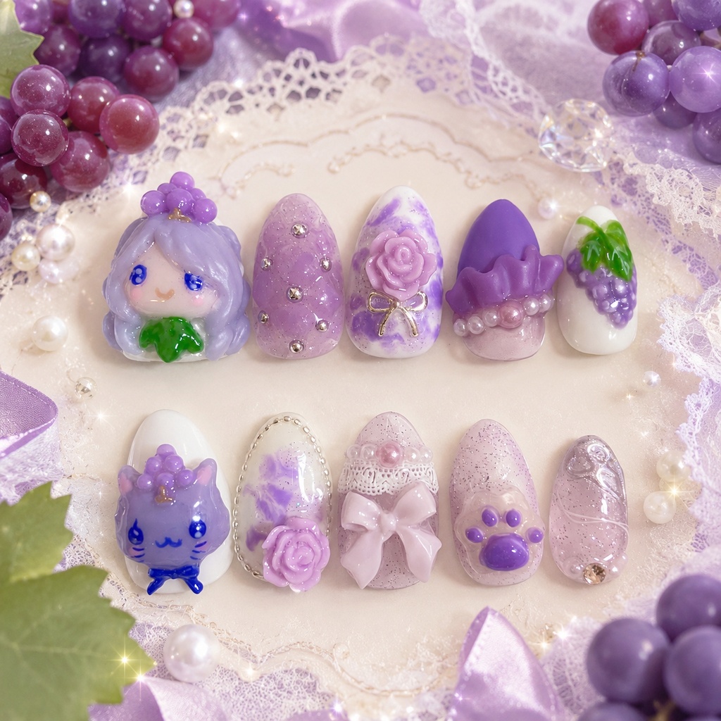 ぶどうちゃん＆ぶどうねこちゃんのネイルチップฅ ˆ.  ̫.ˆ ฅ