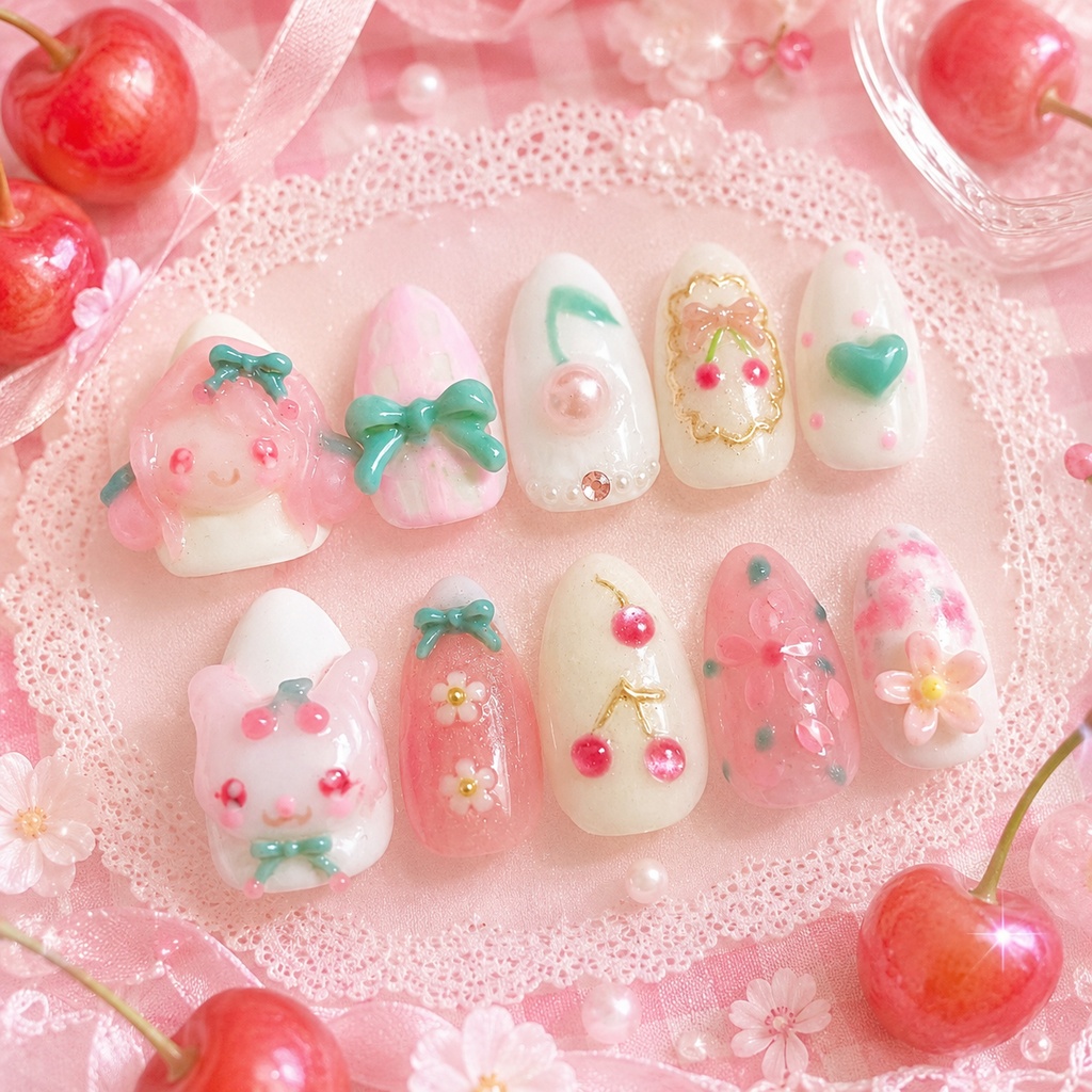ぷっくり3Dのお団子さくらんぼちゃんとさくらんぼぎつねさんのネイルチップฅ^•ﻌ•^ฅ