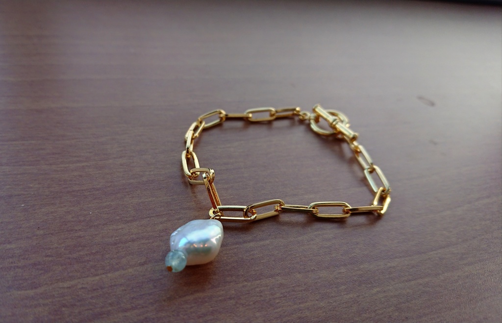 淡水パールとアクアマリンのアンカーチェーンブレスレット