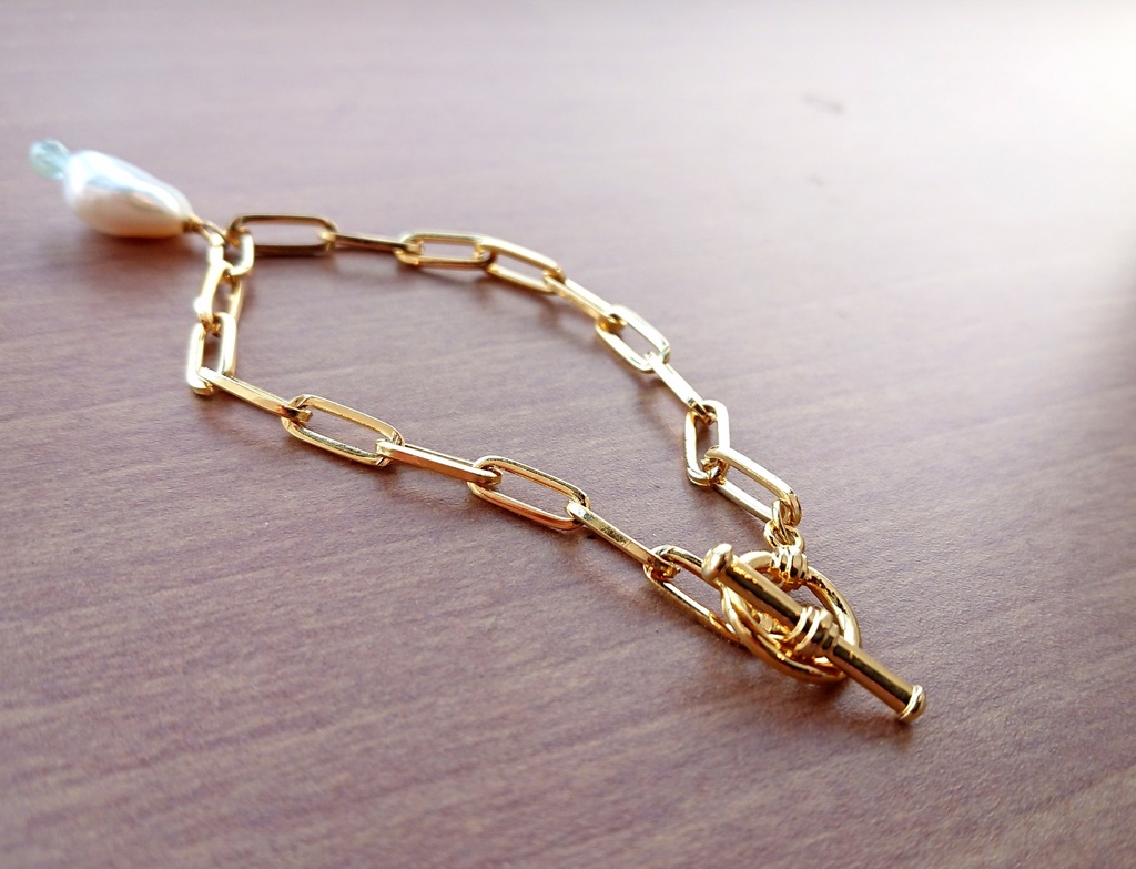 淡水パールとアクアマリンのアンカーチェーンブレスレット