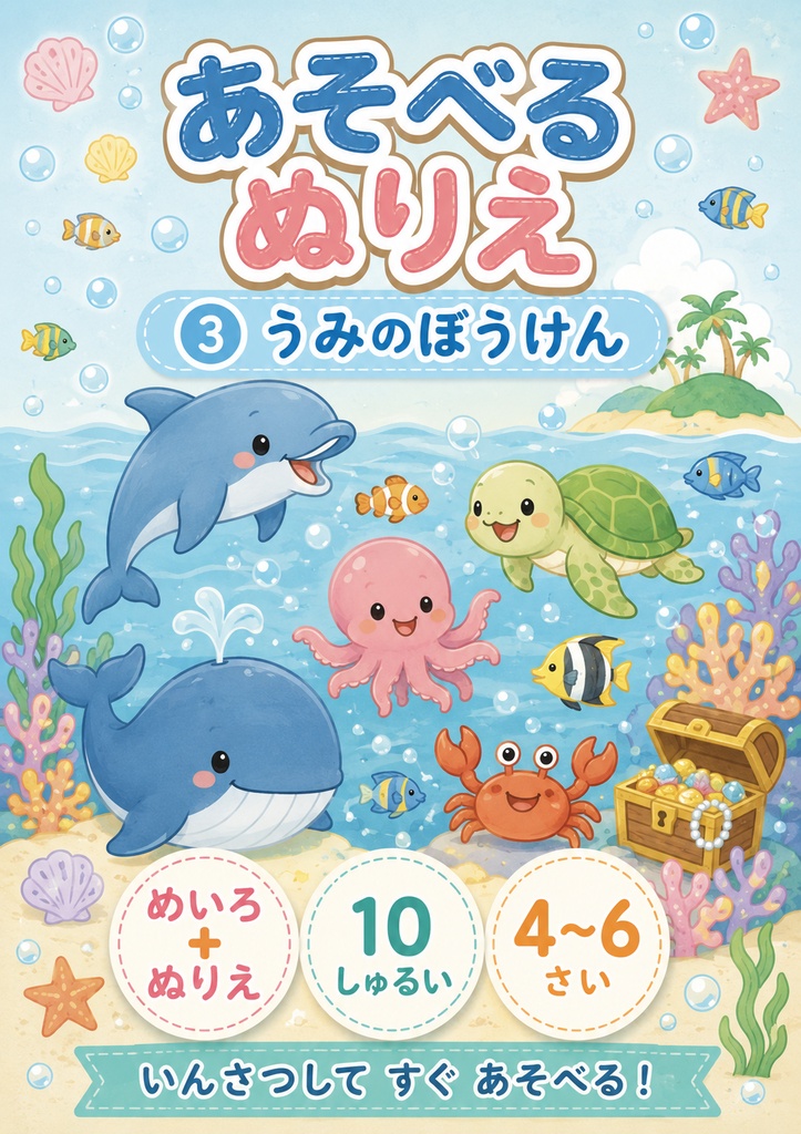 あそべるぬりえ③ うみのぼうけん｜めいろ＋ぬりえ10しゅるい｜4〜6さい