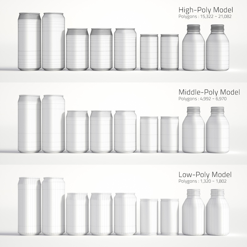 500ml缶、350ml缶、185ml缶、ボトル缶【3Dモデル】