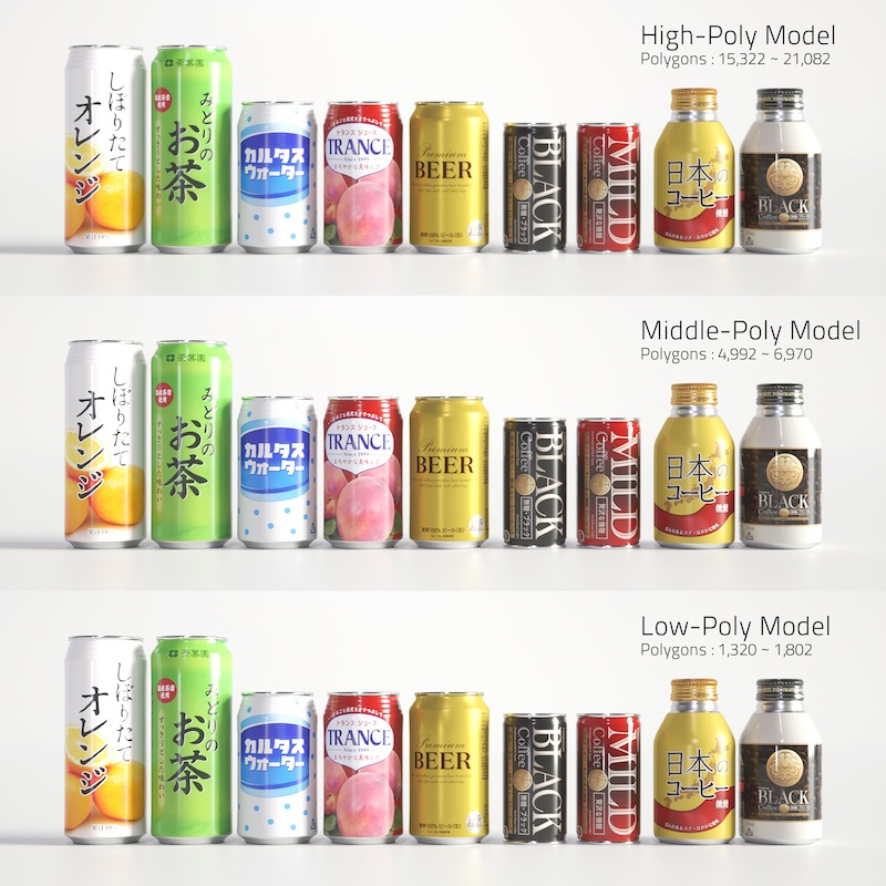 500ml缶、350ml缶、185ml缶、ボトル缶【3Dモデル】