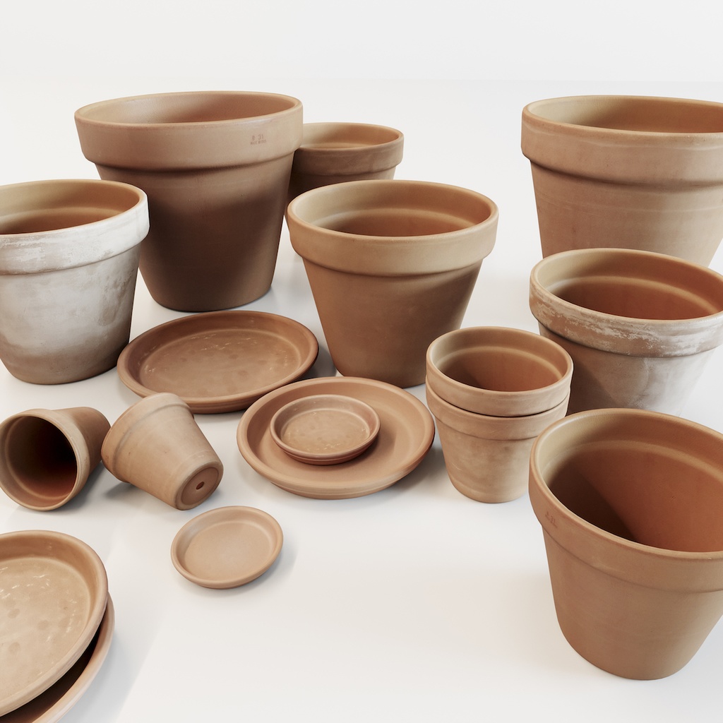 素焼き鉢・テラコッタ植木鉢・受け皿セット【3Dモデル】